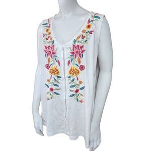 NWT White Embellished V-Neck Tank Top with Pink Floral Embroidery